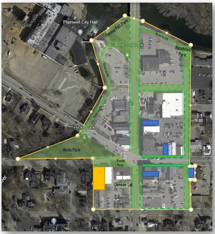 Map of the Island City Social District: downtown Plainwell from Fannie Pell Park and Bandshell Park south along Main Street past Hicks Park, Brooks Plaza and the Jenson Lot, including the Riverwalk