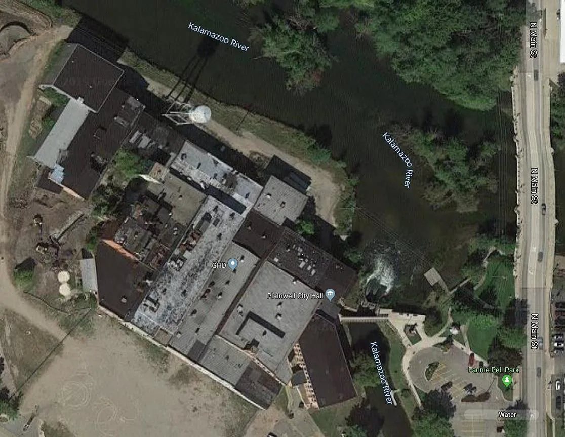 Overhead aerial view of the paper mill complex next to the Kalamazoo River