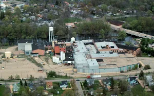 Aerial view of the paper mill site and the surrounding neighborhood