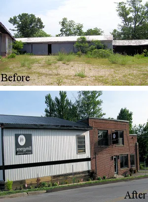 Before and after photos of 712 East Bridge Street: an empty storage building, then the renovated Energy Mill building