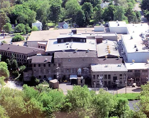 Aerial view of the former Plainwell Paper Mill complex before redevelopment