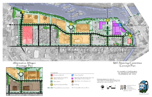 Mill Steering Committee concept plan for the paper mill site, with an alternative Allegan Street frontage plan